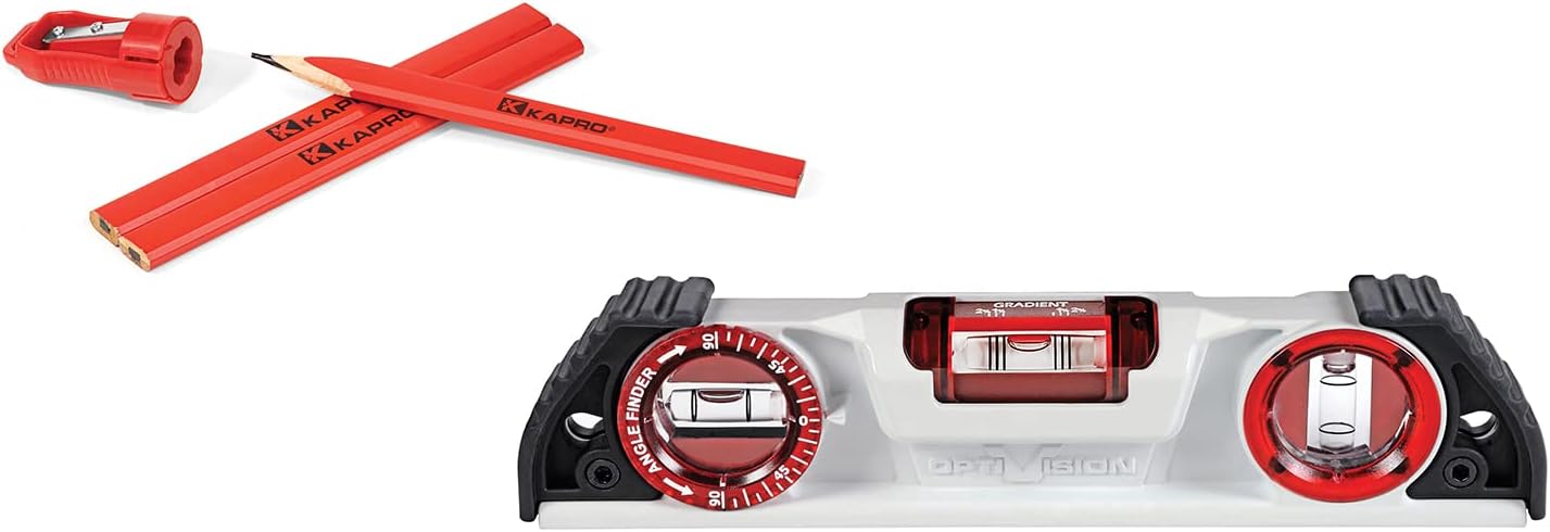 Kapro Set Magnetic Cast Torpedo Level with Optivision and Angle Finder, 10-Inch and Sharpener and 3 Pencil Set