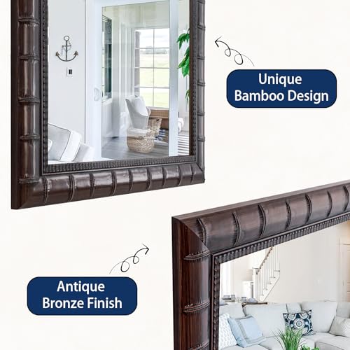 Image of Vintage Bronze Mirror, 39'' x 27'' Solid Wood Mirror Frame with Bamboo-Joint Design, Decorative Wall Mirrors for Living Room, Bathroom, Bedroom, Entryway, Fireplace, Horizontal /Vertical
