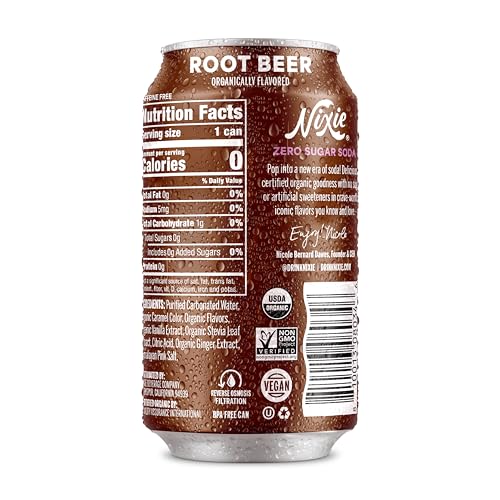 Nixie Organic Zero Sugar Soda, Root Beer, Organic, Non-GMO, 0 Sugar, 0 Calories, Caffeine Free, 12oz (12 Pack)
