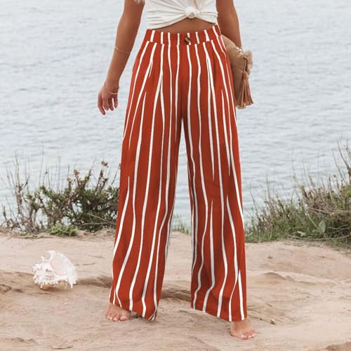 fanmpghleoo Striped Linen Pants Women Dressy Boho Linen Palazzo Pants Casual Business High Waisted Linen Trousers Pants 20252