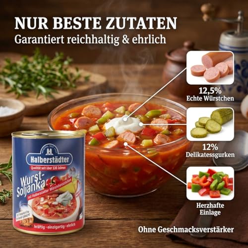 Halberstädter Soljanka 800ml – deftige Wurst-Soljanka in der Dose – Fertiggericht aus Ost-Tradition – pikant & herzhaft – Konserve mit Fleisch & saurer Sahne – Bild 7