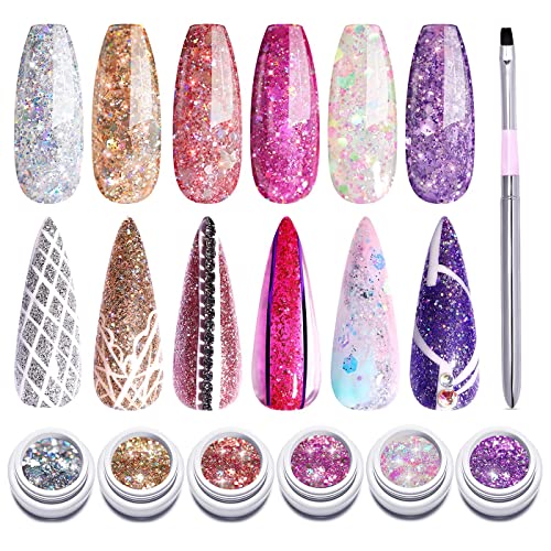 Modelones Glitter Gel Nail Polish Set + Painting Pen, 6 Color Soak Off UV LED Super Platinum Glitter Gel Nail Polish, Gold Pink Purple Orange Sliver White, Nail Manicure Set With Gift Box 5 ml