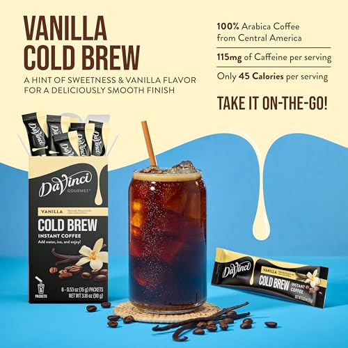 Image of DaVinci Gourmet Vanilla Cold Brew Stick Pack, Instant Coffee Powder, 6 Count (Pack of 8)