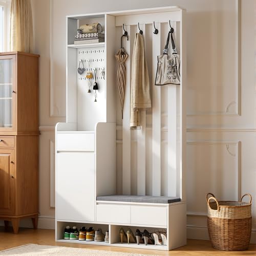 Vidacharmy Garderobe Set, Flur Garderoben, Flurgarderoben Set, Flurgarderobe mit gepolsterter, Wandgarderobe mit Ablage, Schuhschrank mit Stecktafel 4 Haken für Flur, Stylishe Garderobenset, Weiß Vidacharmy Garderobe Set, Flur Garderoben, Flurgarderoben Set, Flurgarderobe mit gepolsterter, Wandgarderobe mit Ablage, Schuhschrank mit Stecktafel 4 Haken für Flur, Stylishe Garderobenset, Weiß