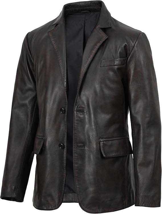 chava Men's Genuine Leather Blazer, Smart Casual Style, Notch Lapel, Regular Fit, Full Lining, Black-picture-56