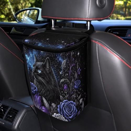 Image of Talayituse Galaxy Black Cat Flower Print Car Trash Can with Lid, Leak Proof Auto Trash Bag Hanging Vehicle Garbage Can Multipurpose Storage Container for Back Seat Road Trip Halloween Decor