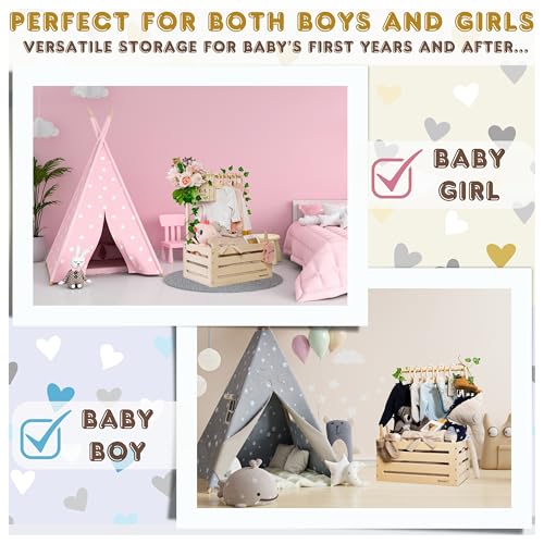 Image of Wooden Baby Shower Crate Closet with Clothes Hangers & Dividers, Large Gift Basket for Boys & Girls, Wood Box Storage & Display with Handles & Ivy Garland, Welcome Gifts for New Parents.