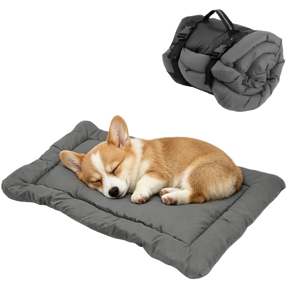 LUFEIS Foldable Waterproof Dog Bed Mattress, 90 x 60 cm Portable Dog Travel Bed for Camping, Sofa, Car, Grass, Large Travel Dog Beds for Small & Medium Dogs, Washable Pet Bed Travel Blanket (Grey)
