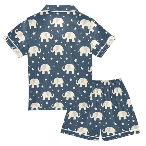 Elephant and Stars Summer Satin Pajama Set, Cute Button-Down Sleepwear Pj Set for Sleep Wears2