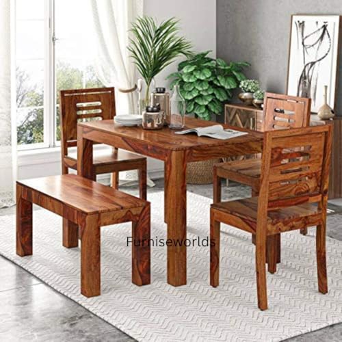 Image of Sheesham Wood 4 Seater Dining Table Set, Solid Wood Four Seater Dining Table| Four Seater Dining Set for Hotel & Restaurant Dinner Table, 3 Chairs & 1 Bench