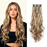 Clip in Hair Extensions 12PCS Light Blonde with Golden Highlights Hairpieces Long Wavy Clip in Ombre Hair Extension for Women Full Head Synthetic 22Inch 180g Soft and Thick