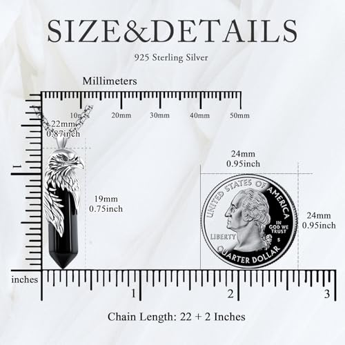 Eagle Necklace with Black Obsidian 925 Sterling Silver Cool Hawk Pendant Necklaces Jewelry for Men, w/Stainless Steel Chain 22'' + 2''4