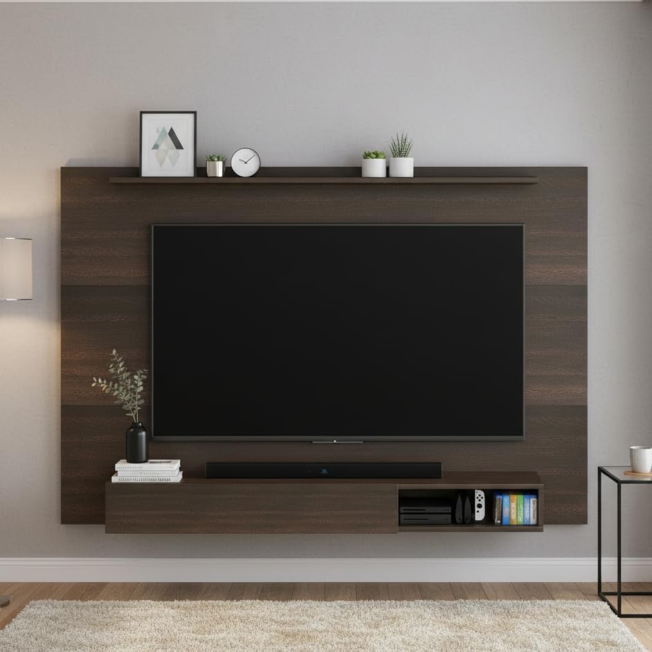 Image of FURNEASER Reyroy Wall Mounted TV Unit for Living Room | Wooden TV Panel with Floating Cabinet & Storage Shelf | Modern Entertainment Unit for Upto 60 Inch TV (Wenge)