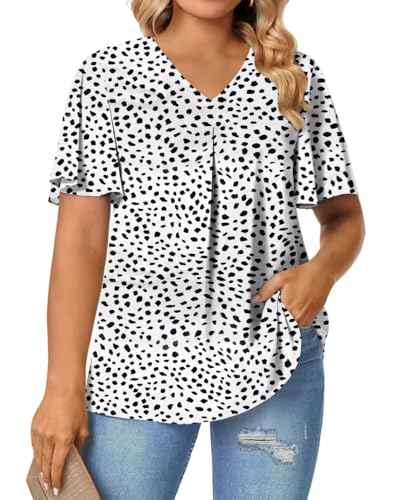 Magritta Animal Print V Neck T Shirts for Women Chic Front Pleated Plus Size Tunic Tops Ruffle Short Sleeve Blouses Black Spots XL
