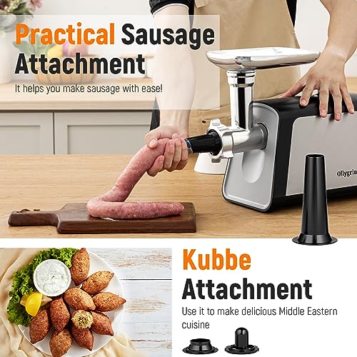Ollygrin Electric Meat Grinder Heavy Duty, Electric Meat Grinder Sausage Stuffer, 2800W Max Electric Stainless Steel Meat Grinder With 2 Blades 3 Plates Sausage Stuffer Tube Kubbe Kit - Thumbnail 2