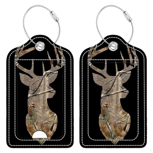 Funny PU Leather Luggage Tags 2-Pack Camouflage Deer Art Cute Pattern Suitable for Suitcase Stainless Steel Loop and Address Card Essential for Cruise and Airport Travel for Men and Women