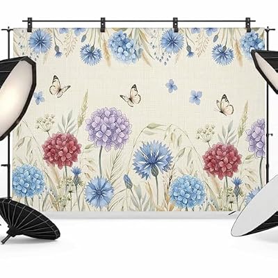 Blue Purple Red Hydrangea Backdrop 7x5ft Country Butterflies Flowers Beige Photography Backdrop Photoshoot Background Tapestry Banner for Birthday Baby Shower Decoration Party Video Photo Studio Props
