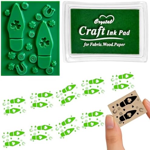 Leprechaun Footprints Stamp St. Patrick's Day Leprechaun Trap Shamrocks Rubber Stamp with Ink Pad, Green Elf Tracks Feet Stamps for St. Patrick's Day DIY Craft Supplies Decoration