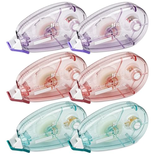 Traxenta 6 Pcs Colla a Nastro Permanente, Rullo di Colla, Dispenser di Nastro Biadesivo Trasparente per Artigianato, Creazione di Biglietti, Foto, Diario e Scrapbooking (Rosa, Viola, Blu) 10mX8mm