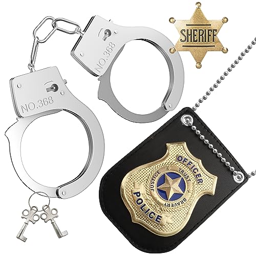 AUUABEARONN Police Badge Toy Handcuffs and Sheriff Badge, Police Pretend Play Toy Set, Cosplay Handcuffs for Boys Girls Kids, Police Officer Costume Accessories for Halloween Decorations