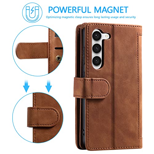 EYZUTAK Wallet Phone Case for Samsung Galaxy S22 Plus 5G, Retro Matte 9 Card Holder Slots Zipper Pocket Case PU Leather Magnetic Closure Kickstand with Wrist Strap Folio Flip Case - Brown - Image 4