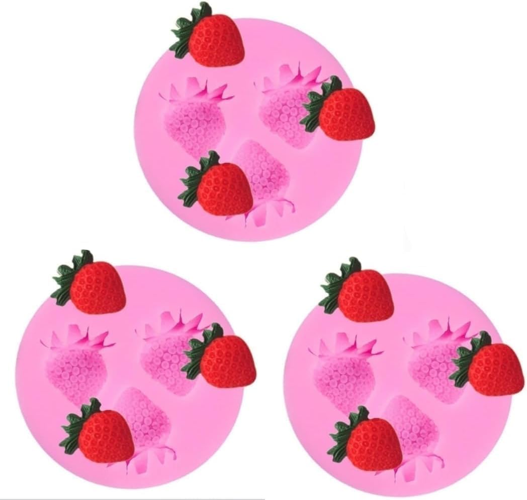 3Pcs Pink 3D Strawberry Silicone Mold Soap Sugar Fondant Molds DIY Cake Chocolate Decorating Tool Candy Biscuit Fondant Molds For Cake Decorating Kitchen Cookware, Candy Making Accessories