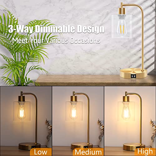 Lodstob Gold Industrial 3-Way Dimmable Table Lamps Set Of 2,Vintage Touch Control Brass Desk Lamps With 2 Usb Ports,Bedside Nightstand Lamps With Glass Shade For Reading,Living Room,Bulbs Included #TOP2