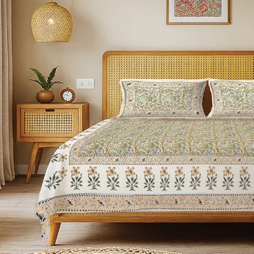 Image of Urban Space 100% Cotton Jaipuri Handblock Printed King Size Bedsheet with 2 Pillow Covers, 200 TC Cotton King Bedsheet (105 x 105 Inches, Rangrez Yellow)