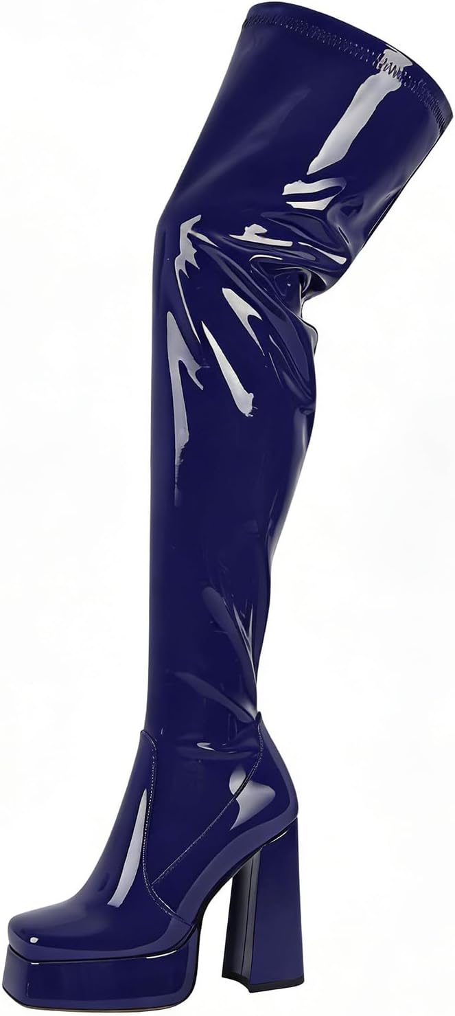SAMMITOP Women's Platform Thigh High Boots Chunky Block Heel Over the Knee Boots Square Toe Sexy Stretch Long Booties with Zipper 4.7 Inch