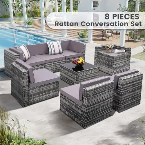 Image of KROFEM 8 Piece Patio Furniture Set, Outdoor Modular Conversation Set | UV Treated Wickers, Machine Washable Cushions, Seats 6, 2 Hidden Storage Compartments, Rustproof Frame, Waterproof, Grey