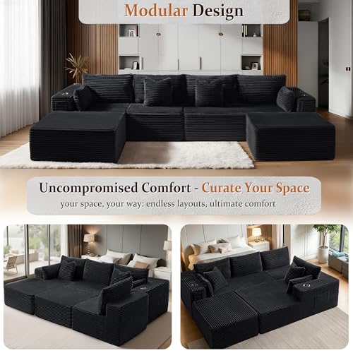 Image of 138 inch Cloud Sectional Couch, Comfort U Shaped Boneless Couch for Living Room, Extra Deep Seats No Assembly, Minimalist Modular Sofa, Corduroy (Black, 3 Seater+Right Facing Chaise+Ottoman)