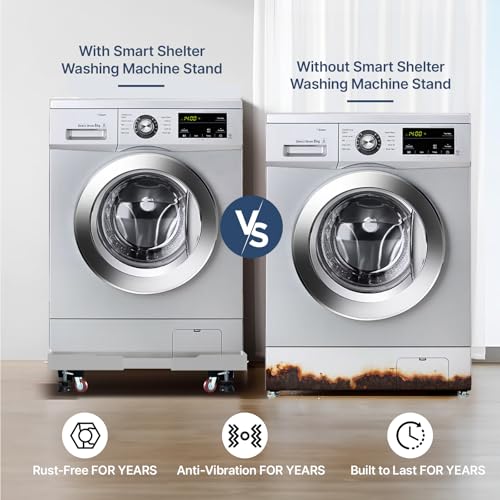 Image of Smart Shelter Washing Machine Trolley for Fully and Semi Automatic, Front or Top Load, Fridge and Dishwasher Stand, Adjustable Metal and Wheels, Capacity 250Kg, White (Min: 17 inchx17 inch, Max: 27 inchx29 inch)