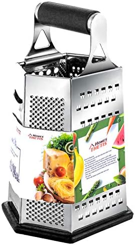 Kitchen Box Grater, Stainless Steel Cheese Grater - 6 Sides Stand Grater with Rubber Handle & Base for Parmesan Cheese, Ginger, Vegetables by THETIS Homes