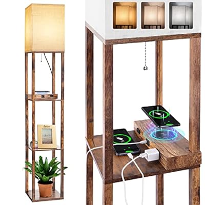 Dott Arts Floor Lamp with Shelves, Shelf Lamp with Wireless Charger & USB A+C Ports & 2 AC Outlets,3 Color Temperature Corner Tall Standing Floor Lamps for Living Room, Bedroom, Office (Brown)
