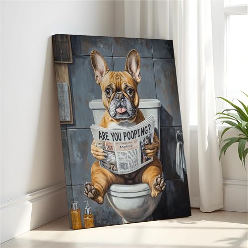 Image of French Bulldog on Toilet Wall Art Print Canvas Wrapped, Dog Bathroom Humor Decor Posters Prints for Restroom Home Picture Painting Artwork Gallery 7 (French Bulldog, 20 inchL x 16 inchW CANVAS, Wrapped Canvas)