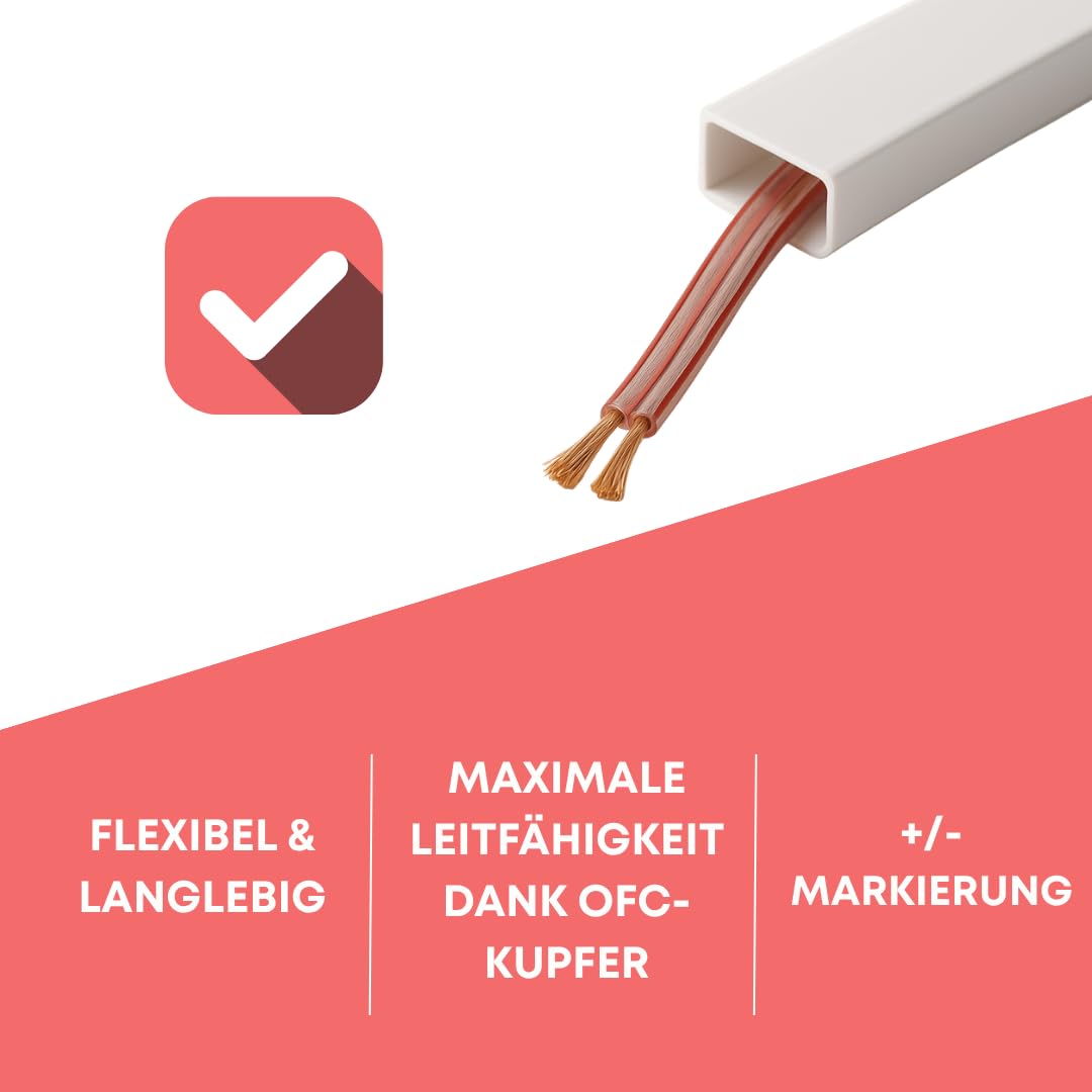 Cavo per altoparlante, 2 × 1,5 mm², 100 metri, in puro rame OFC, trasparente con striscia di marcatura rossa, flessibile e robusto, per HiFi, surround, home cinema, auto e studio