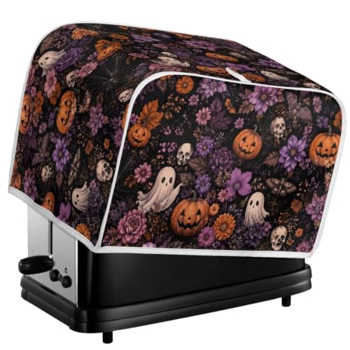 Image of Talayituse Ghost Skull Pumpkin Flower Print Toaster Cover 2 Slice Wide Slot, Lightweight Bread Maker Cover Dust Protection Washable Appliance Bag Halloween Decor, S