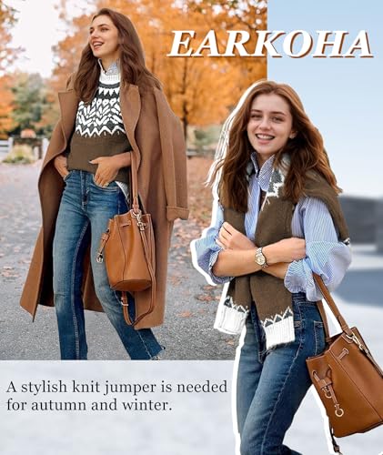 Image of EARKOHA Women's Casual Mock Neck Ribbed Sweater Pullover 2026 Fall Long Sleeve Print Fair Isle Sweater Top