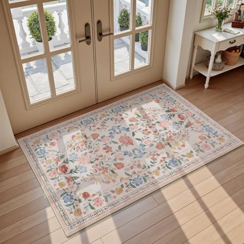 AMOAMI Front Door Mat Indoor Entrance, 2x3 Machine Washable Floral Rugs for Entryway Rug Non Slip Ultra-Thin Soft Boho Small Area Rug Low Pile Throw Rugs for Entrance Kitchen Bathroom, Beige