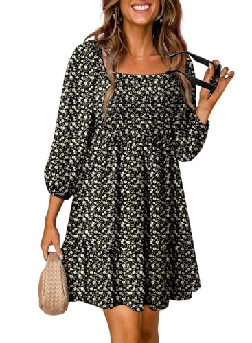 Image of Dokotoo Fall Dresses for Women 2025 Boho Floral Square Neck Smocked 3 /4 Sleeve Casual A-Line Swing Mini Dress Sundress