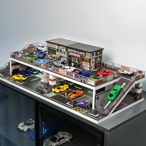Image of kivmcds Display Case for Hot Wheels Matchbox Toy Car Monster Truck,Lighted Ramp Scene Diorama Garage Parking for 1 /64 Diecast Car,Maximum Hold 40+ Cars (Coffee Shop)