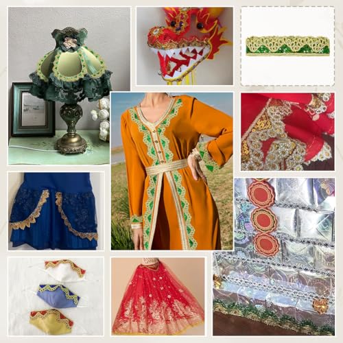 image for PH PandaHall 9.8yard Green Gold Sequin Trim, Beaded Fabric Trim Embell