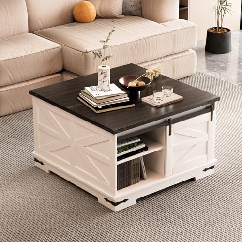Lefitap Farmhouse Coffee Table with Storage, Square Wood Center Table with Gas Struts, Extra Large Hidden Storage Space, Metal Bracket Corner, (L31.5 W31.5 H19.69) White