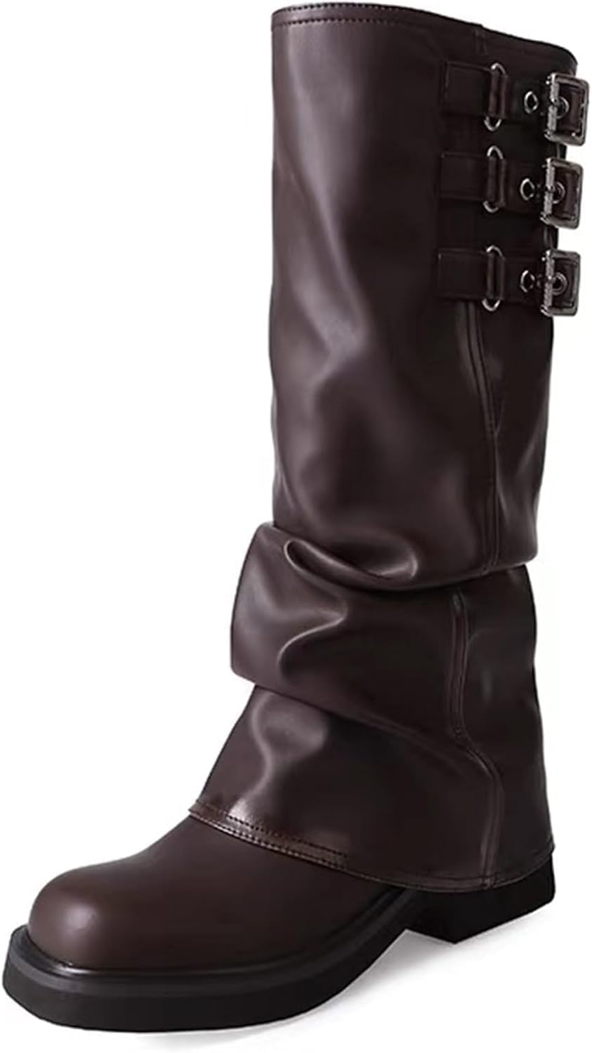 MAVMAX Women Slouchy Knee High Boots Casual Round Toe Pull On Riding Biker Boots Fold Over Chunky Low Heel Platform Boot