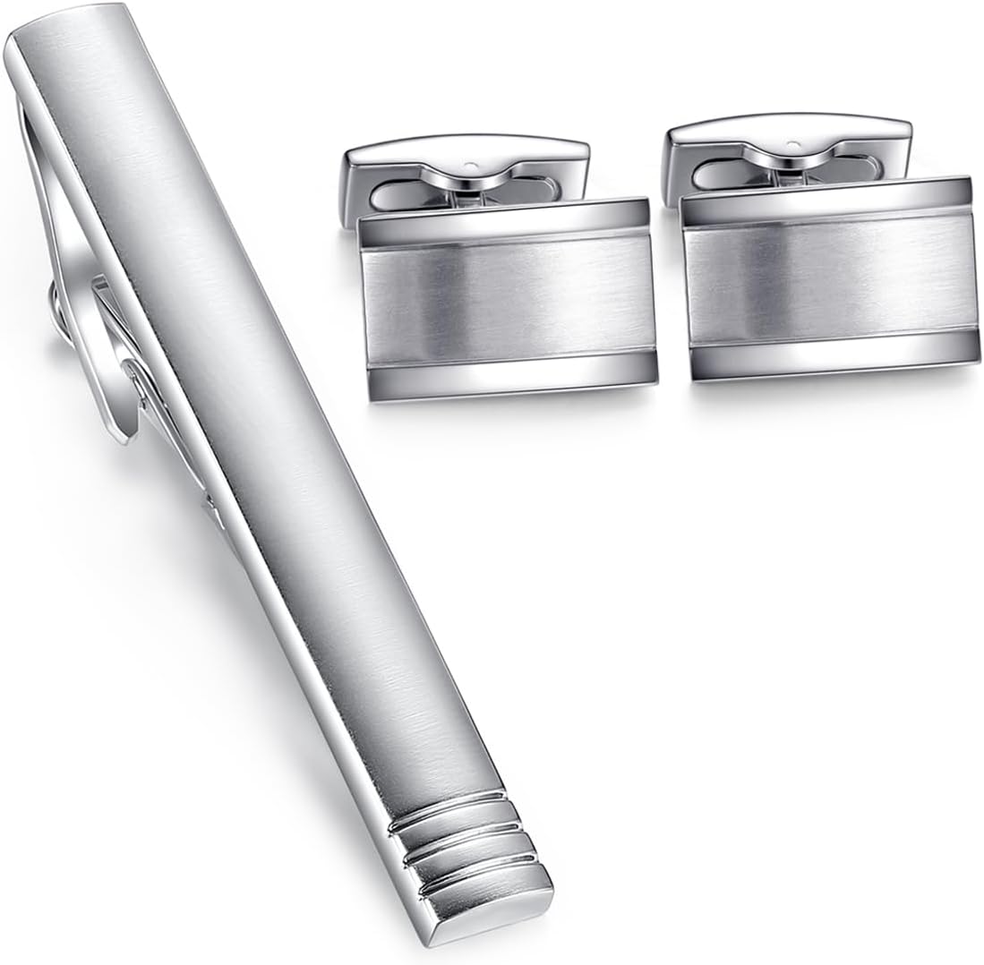 silver cufflinks and tie clip set