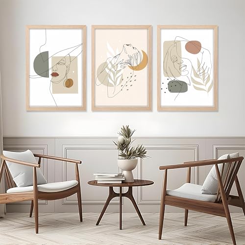 Image of NoWorries Minimalist line art wall Framed Painting Set of 3 | Abstract woman face Prints with Frame | Boho neutral wall decor modern gallery wall set | Scandinavian art prints feminine line drawing | Beige Aesthetic living room, bedroom and office decor contemporary wall art (Art-15, 13x19inch, Wooden)