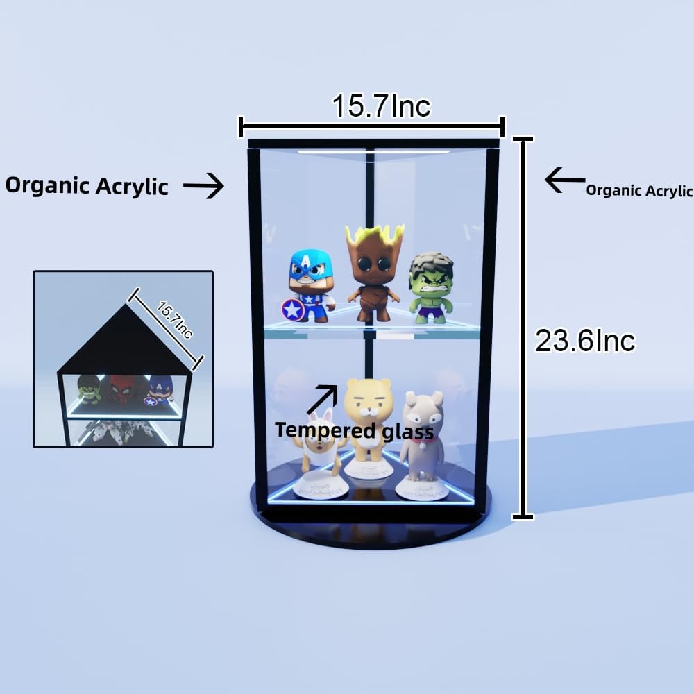 Triangle Rotating Display Cabinet with RGB Lights, 2-Tier Glass Curio Cabinet for Desktop, LED Display Case for Collectibles, Action Figures, Jewelry, Black