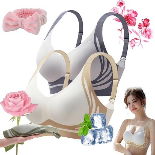 Eversocute Bra,Super Gather Bra| Wireless Push-up Bra,Dawncog Wireless Push Up Bra,Lifting Anti Sagging Bras (Blue+Beige,XL)