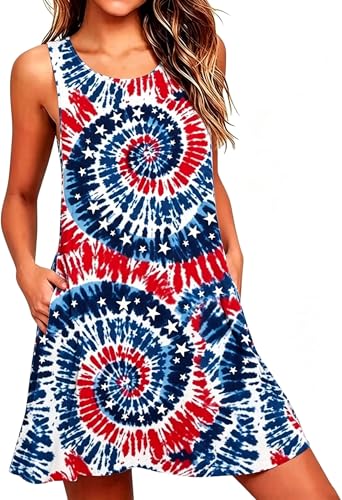 Image of Roshop Womens Juneteenth Flag Sleeveless Dress 4th of July Patriotic Swing Sundress with Pockets