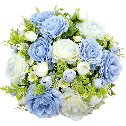 Blue Artificial Flowers Silk Rose Fake Florals Bouquet Arrangements Indoor Home Wedding Table Party Decoration (Blue)，2 Pcs